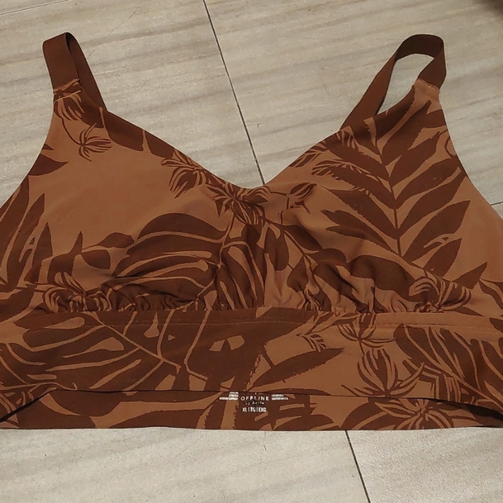 Aerie offline chocolate brown/mocha leaf pattern soft sports bra